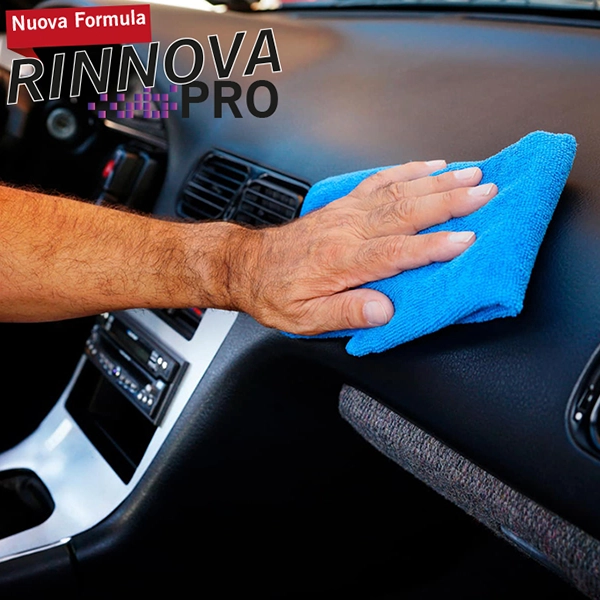 man cleaning the interior of his car with a microfiber cloth using rinnova pro